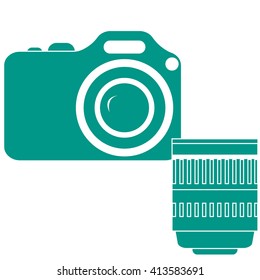 Stylized icon of a colored camera with lens on a white background