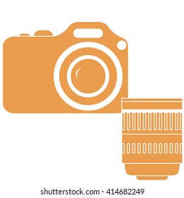 Stylized icon of a colored camera with lens on a white background