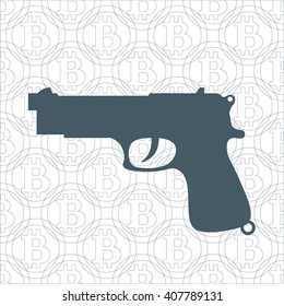 Stylized icon of a colored gun on the background of bitcoin