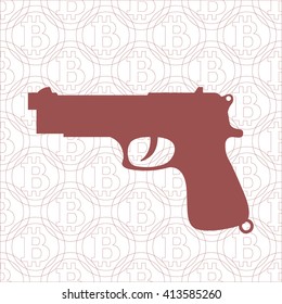 Stylized icon of a colored gun on the background of bitcoin