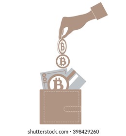 Stylized icon of a colored hand pouring bitcoins into wallet with money bill, credit card and Bitcoin on a white background