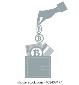 Stylized icon of a colored hand pouring bitcoins into wallet with money bill, credit card and Bitcoin on a white background