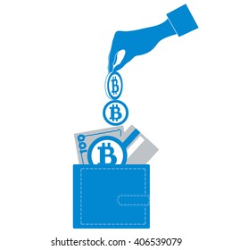 Stylized icon of a colored hand pouring bitcoins into wallet with money bill, credit card and Bitcoin on a white background