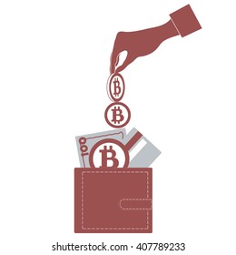 Stylized icon of a colored hand pouring bitcoins into wallet with money bill, credit card and Bitcoin on a white background