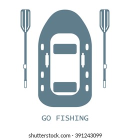 Stylized icon of a colored inflatable boat with oars for fishing on a white background