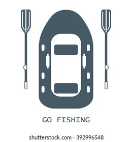 Stylized icon of a colored inflatable boat with oars for fishing on a white background