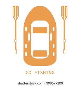 Stylized icon of a colored inflatable boat with oars for fishing on a white background