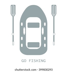 Stylized icon of a colored inflatable boat with oars for fishing on a white background