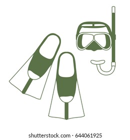 Stylized icon of a colored mask, tube and flippers for a scuba diving. Sports and recreation theme. Design for banner, poster or print.