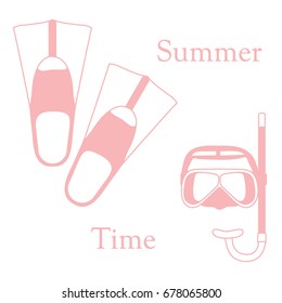 Stylized icon of a colored mask, tube and flippers for a scuba diving. Sports and recreation theme. Design for banner, poster or print.