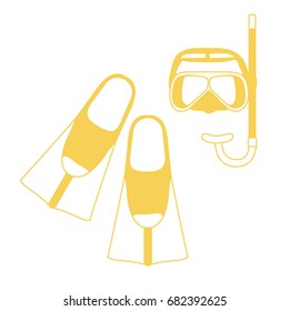 Stylized icon of a colored mask, tube and flippers for a scuba diving. Sports and recreation theme. Design for banner, poster or print.