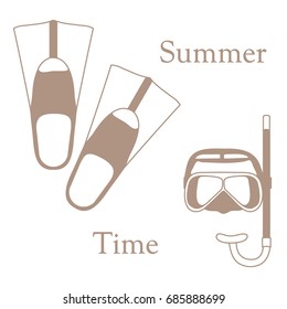 Stylized icon of a colored mask, tube and flippers for a scuba diving. Sports and recreation theme. Design for banner, poster or print.
