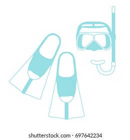 Stylized icon of a colored mask, tube and flippers for a scuba diving. Sports and recreation theme. Design for banner, poster or print.