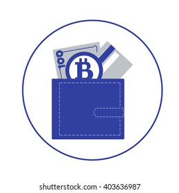 Stylized icon of a colored purse with money bill, credit card and Bitcoin on a white background