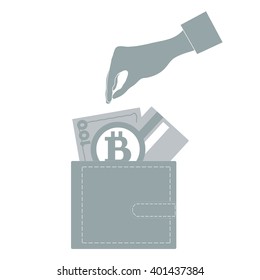 Stylized icon of a colored stretching hands to get a credit card, bitcoin ore money bill into wallet on a white background