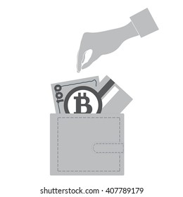 Stylized icon of a colored stretching hands to get a credit card, bitcoin ore money bill into wallet on a white background