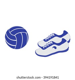 Stylized icon of a colored volleyball and sneakers on a white background