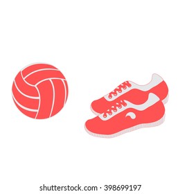 Stylized icon of a colored volleyball and sneakers on a white background