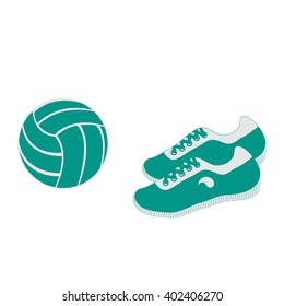 Stylized icon of a colored volleyball and sneakers on a white background