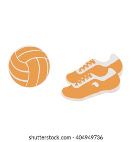 Stylized icon of a colored volleyball and sneakers on a white background