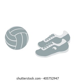 Stylized icon of a colored volleyball and sneakers on a white background
