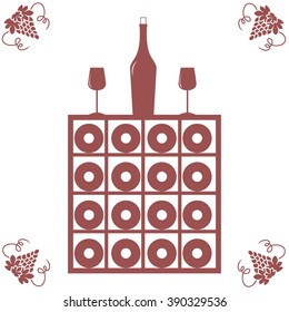 Stylized icon of a colored wine rack, bottle of wine, wine glasses and grapes on a white background