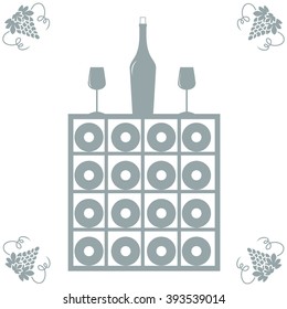 Stylized icon of a colored wine rack, bottle of wine, wine glasses and grapes on a white background