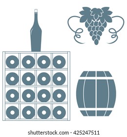 Stylized icon of a colored wine rack, bottles of wine, bunch of grapes and barrel of wine on a white background