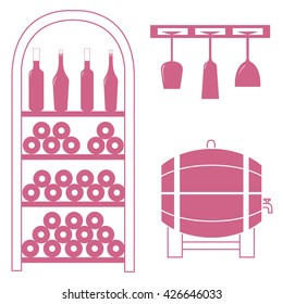Stylized icon of a colored wine rack, bottles of wine, wine glasses and barrel of wine on a white background