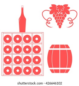 Stylized icon of a colored wine rack, bottles of wine, bunch of grapes and barrel of wine on a white background