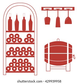 Stylized icon of a colored wine rack, bottles of wine, wine glasses and barrel of wine on a white background