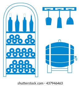 Stylized icon of a colored wine rack, bottles of wine, wine glasses and barrel of wine on a white background