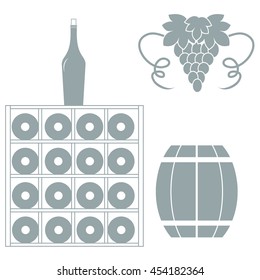 Stylized icon of a colored wine rack, bottles of wine, bunch of grapes and barrel of wine on a white background