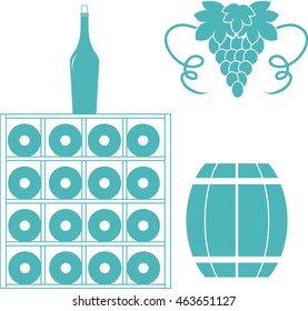 Stylized icon of a colored wine rack, bottles of wine, bunch of grapes and barrel of wine on a white background