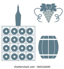 Stylized icon of a colored wine rack, bottles of wine, bunch of grapes and barrel of wine on a white background