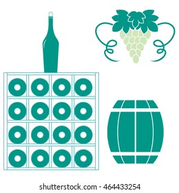 Stylized icon of a colored wine rack, bottles of wine, bunch of grapes and barrel of wine on a white background
