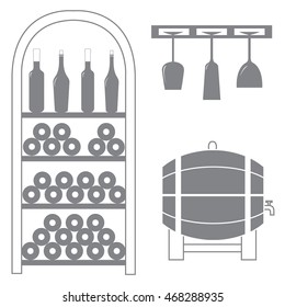 Stylized icon of a colored wine rack, bottles of wine, wine glasses and barrel of wine on a white background