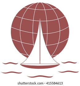 Stylized icon of a colored yacht, sailing over the waves on a globe on a white background