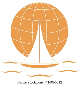 Stylized icon of a colored yacht, sailing over the waves on a globe on a white background