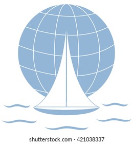 Stylized icon of a colored yacht, sailing over the waves on a globe on a white background