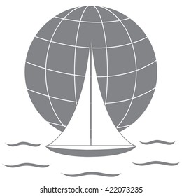 Stylized icon of a colored yacht, sailing over the waves on a globe on a white background