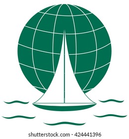 Stylized icon of a colored yacht, sailing over the waves on a globe on a white background