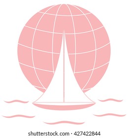 Stylized icon of a colored yacht, sailing over the waves on a globe on a white background
