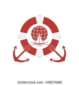 Stylized icon of a colored yacht, sailing over the waves on a globe in lifebuoy with two anchors on a white background