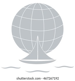 Stylized icon of a colored yacht, sailing over the waves on a globe on a white background