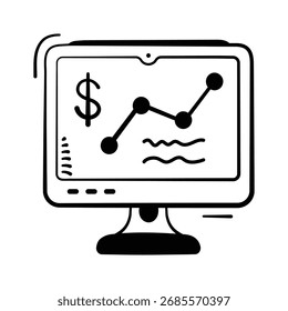 A stylized icon of a computer monitor showing a financial trend graph with a dollar sign