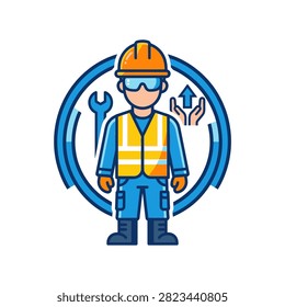 Stylized icon of a construction worker in safety gear, featuring tools and a symbol of growth and progress.