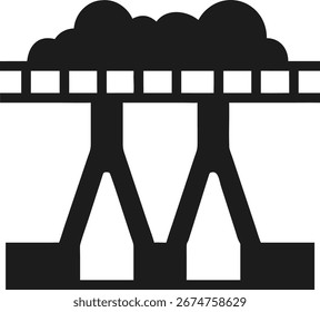 Ícone estilizado de uma torre de resfriamento com nuvens e uma usina de energia industrial com estrutura de ponte