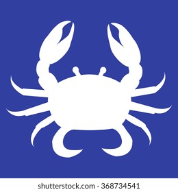 Stylized icon of  crab in white on a colored background