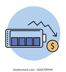 A stylized icon depicting a declining battery level on a smartphone, accompanied by a falling dollar sign, symbolizing financial loss or reduced value.